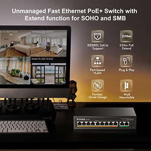 Mokerlink 11 מתג POE PORT עם 9 POP POE+, 2 קישור מהיר של Ethernet, 10/100 מגהביט לשנייה, 120W 802.3AF/ב-